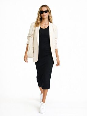 MARINE LAYER Lexi Daytime Lined Midi Dress in‎ Black clean girl elevated basic M